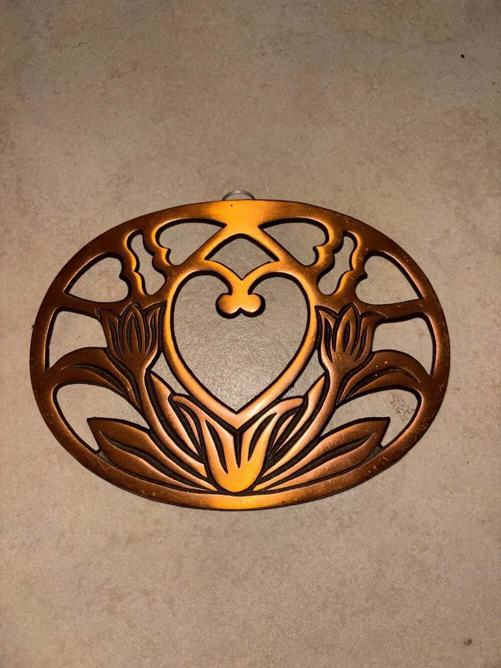 Vintage 1991 ODI Copper Finish Cast Iron Heart and Tulips Trivet Wall Decor